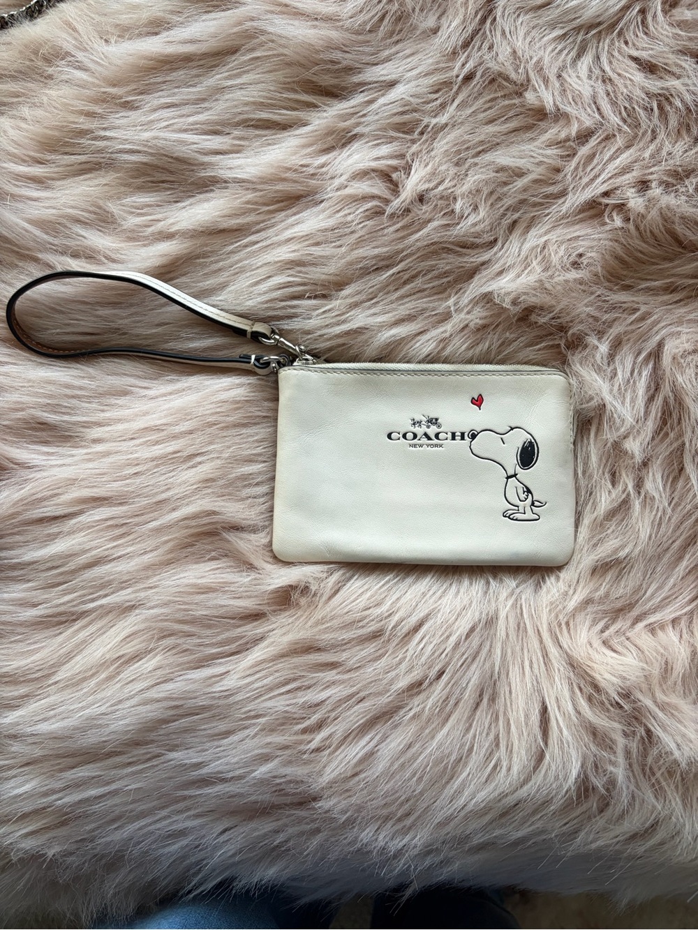 Coach Cream Leather Wristlet with Brown Trim and Silver Hardware